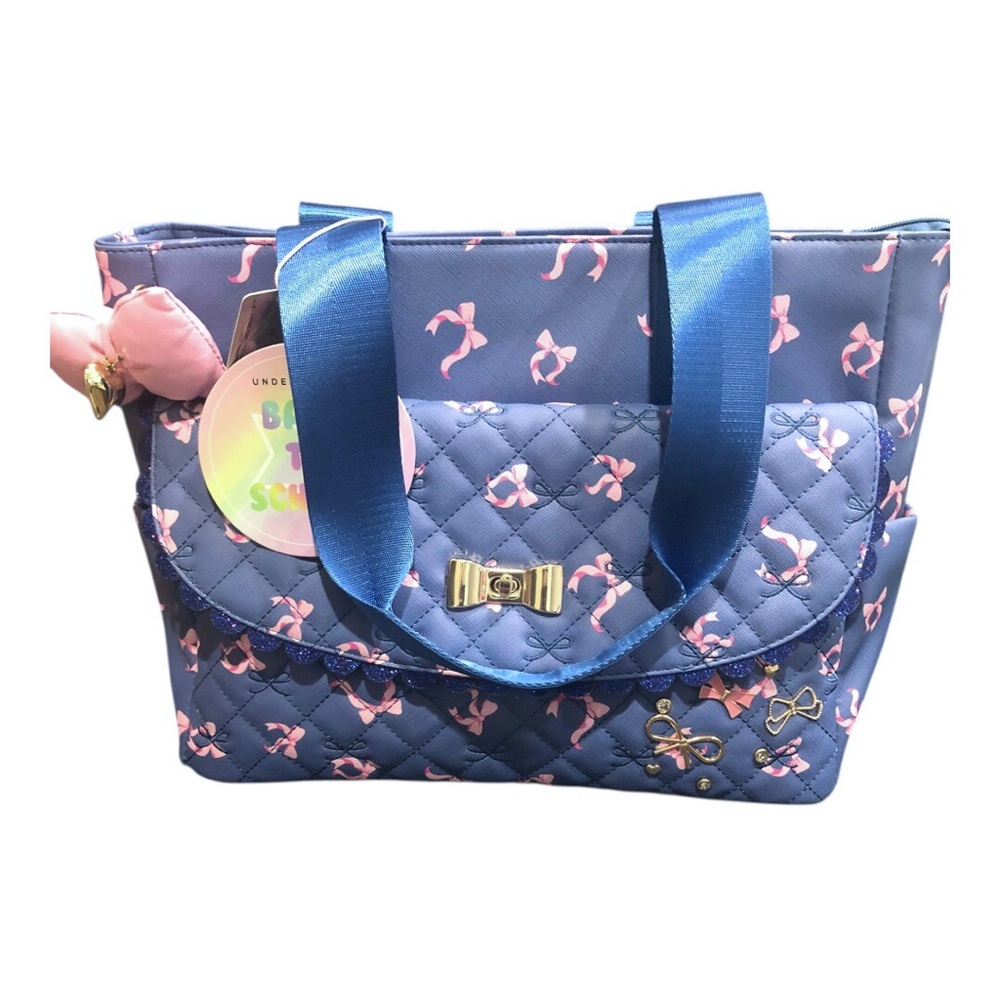 Under One Sky blue canvas pink bow print glitter large carryall tote bag new